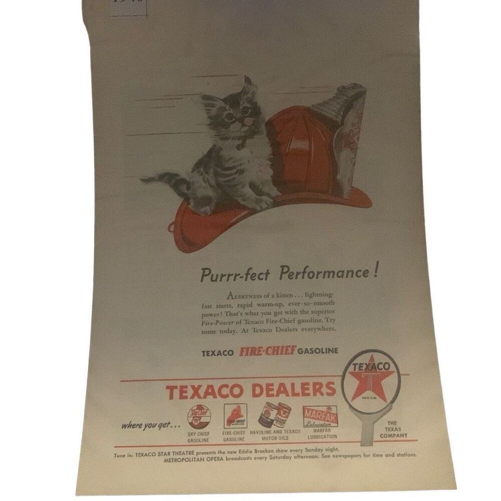 Vintage 1946 Texaco Dealers Purrr-Fect Performance Ad Advertisement